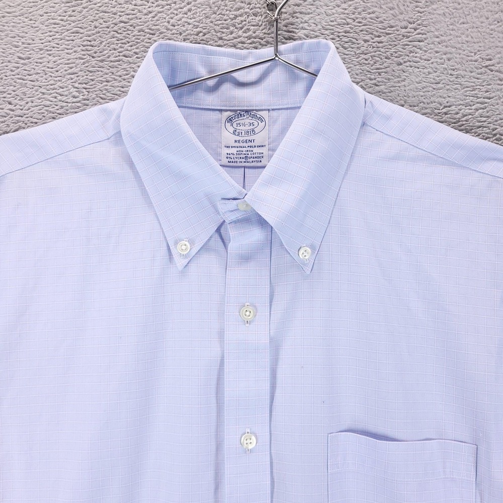 Brooks Brothers Dress Shirt Mens 15.5 34 35 Blue Check Regent Supima Cotton